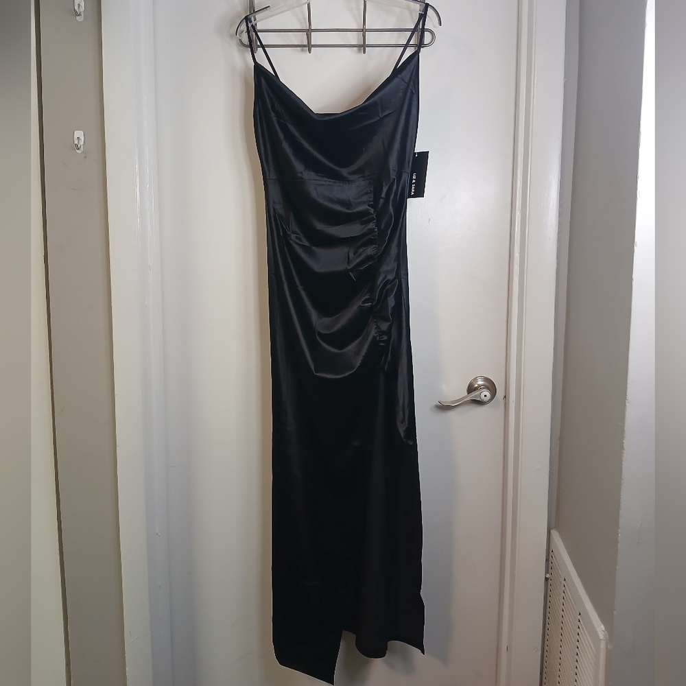 New! Liz & Sara Black Satin Cowl Neck Ruched Slip Dress with Front Split L
